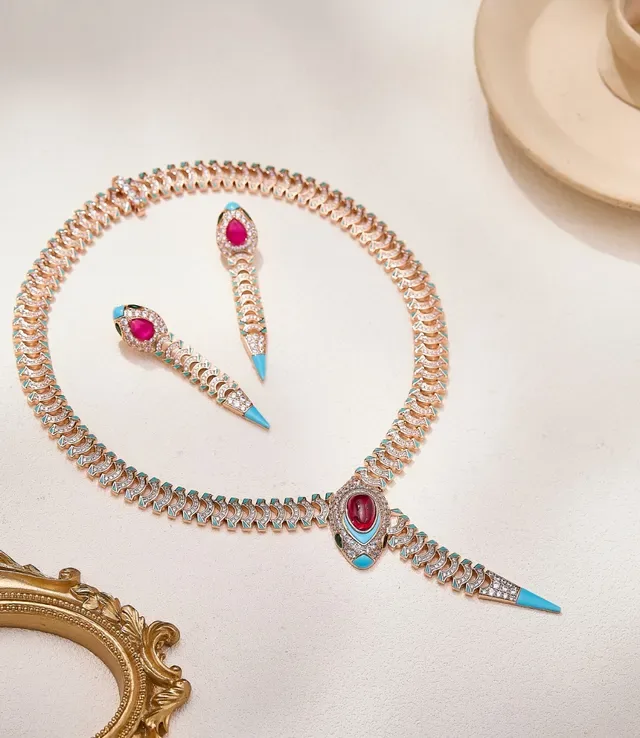 Gold Blue Snake-Inspired Pendant Articulated Link Chain Necklace 2