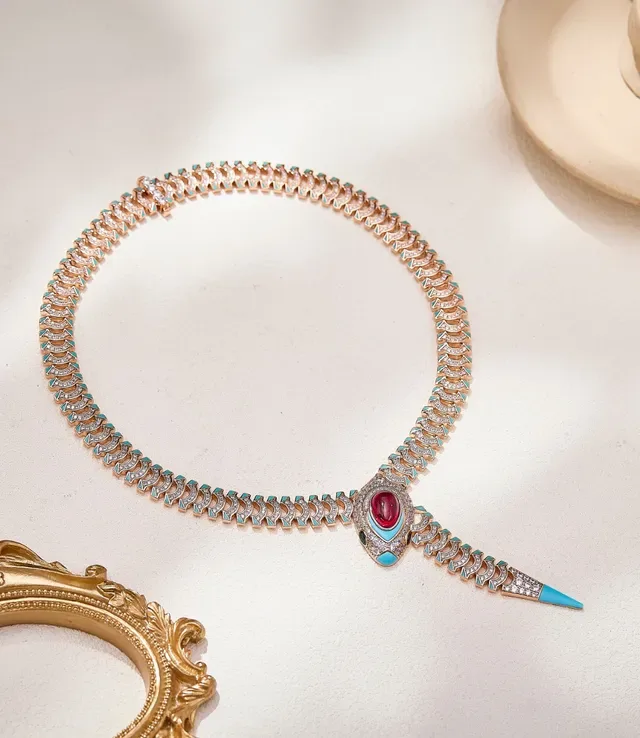 Gold Blue Snake-Inspired Pendant Articulated Link Chain Necklace 3