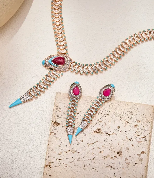 Gold Blue Snake-Inspired Pendant Articulated Link Chain Necklace 4