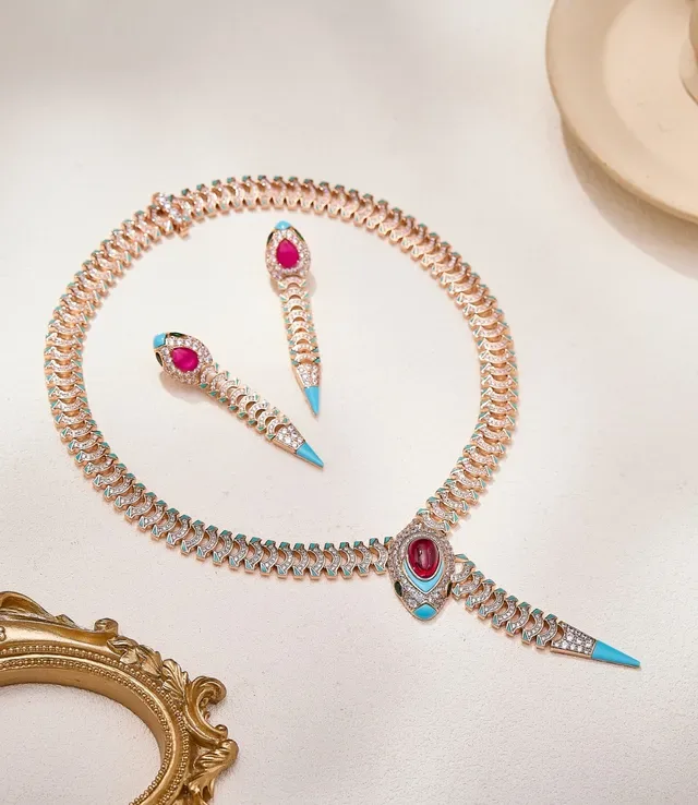 Gold Blue Snake-Inspired Pendant Articulated Link Chain Necklace 6