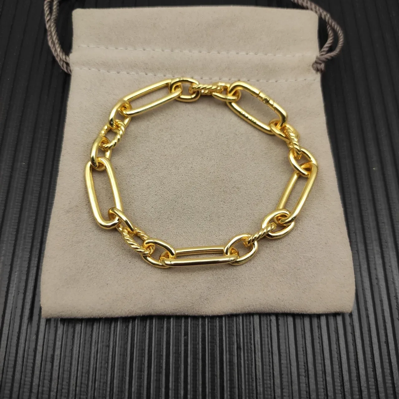 Gold Chunky Link Chain Alternating Smooth Oval And Twisted Rope Links Bracelet 8