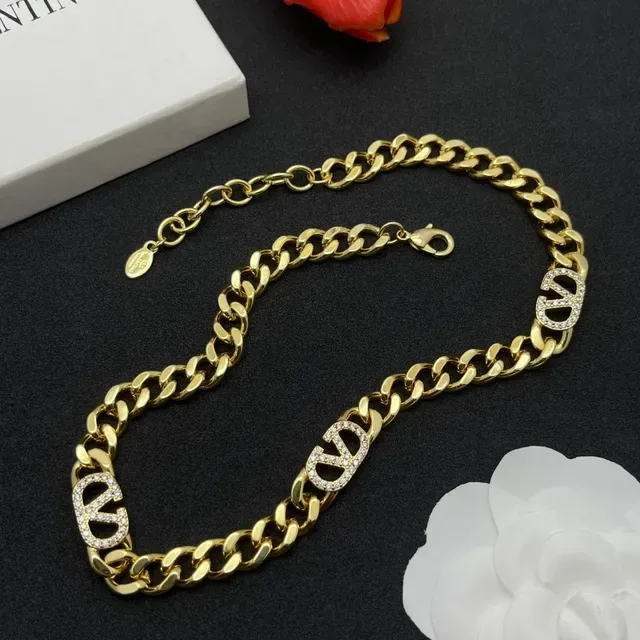 Gold Curb Chain Pavé V-Logo Statement Necklace 4