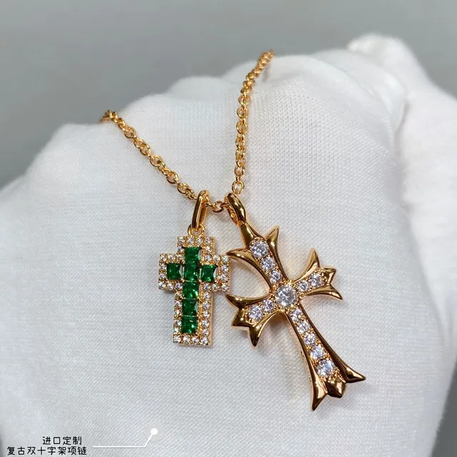 Gold Green Chain Dual Cross Pendants Necklace 9