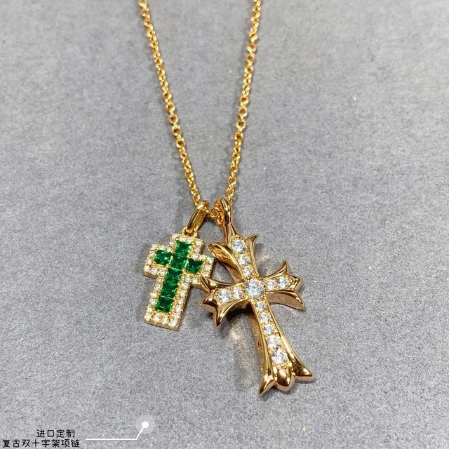 Gold Green Chain Dual Cross Pendants Necklace 4