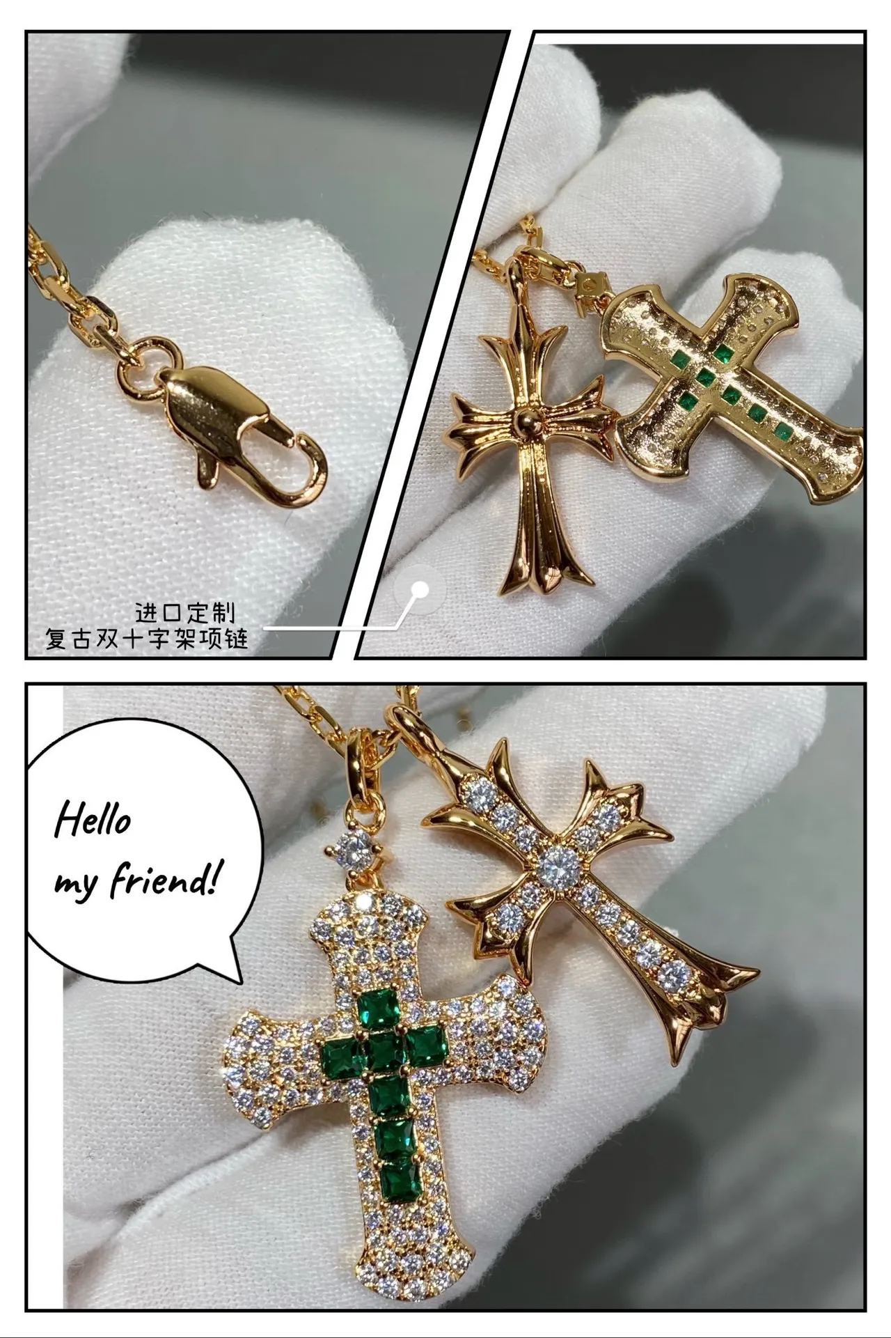 Gold Green Double Cross Pendant Pave-Set Stones Necklace 3
