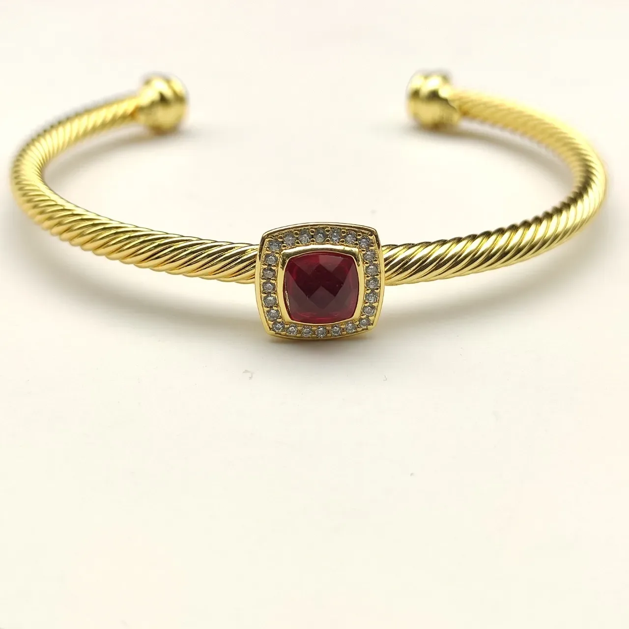 Gold Green Rope-Twist Band Square Cushion-Cut Gemstone Bracelet 8