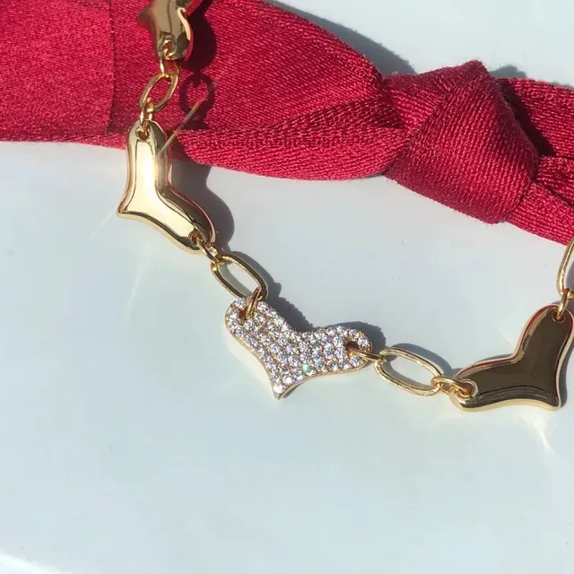 Gold Red Chain Heart-Shaped Links Bracelet 6