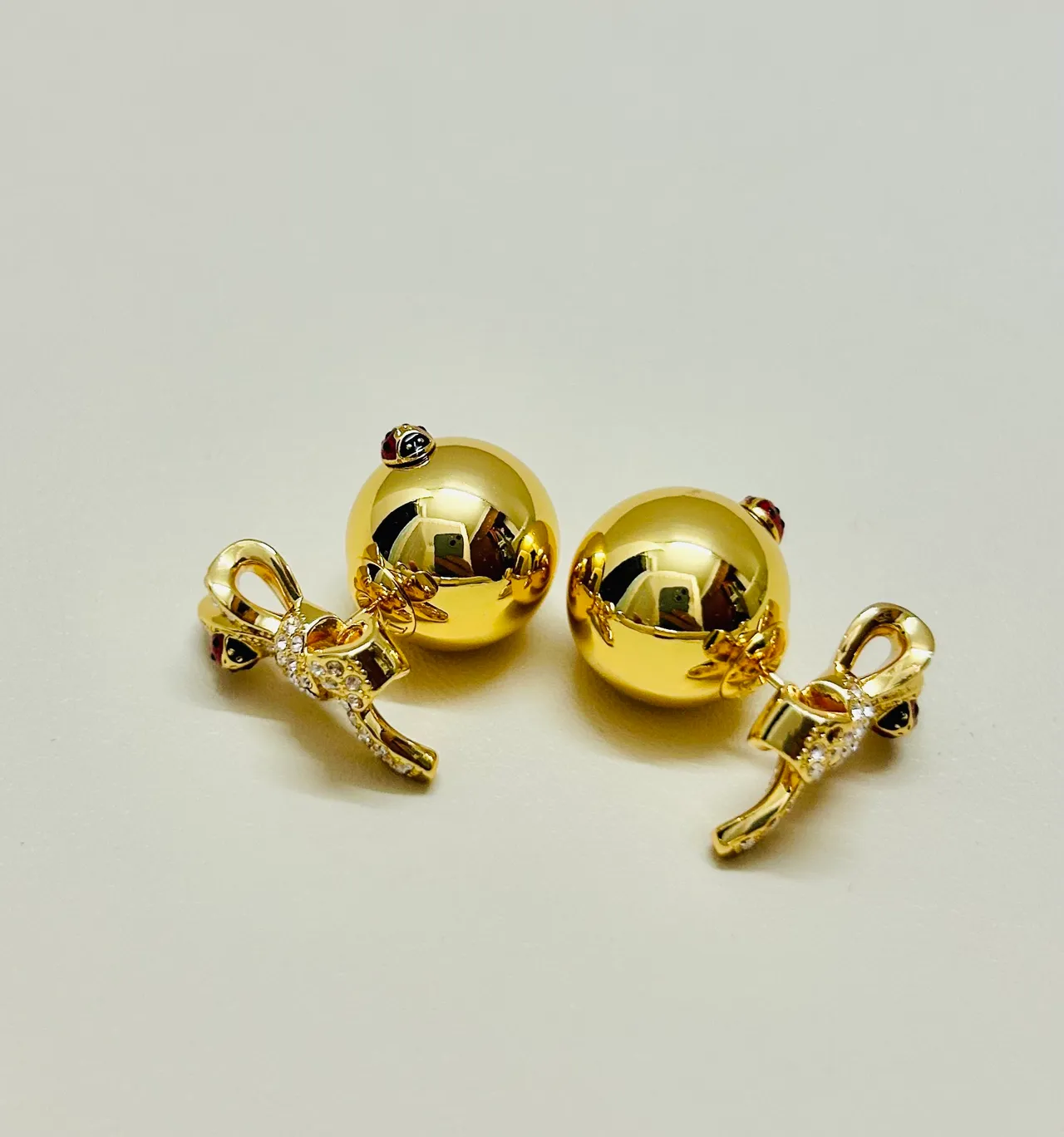 Gold Red Spherical Studs Crystal-Encrusted Bows Earrings 6