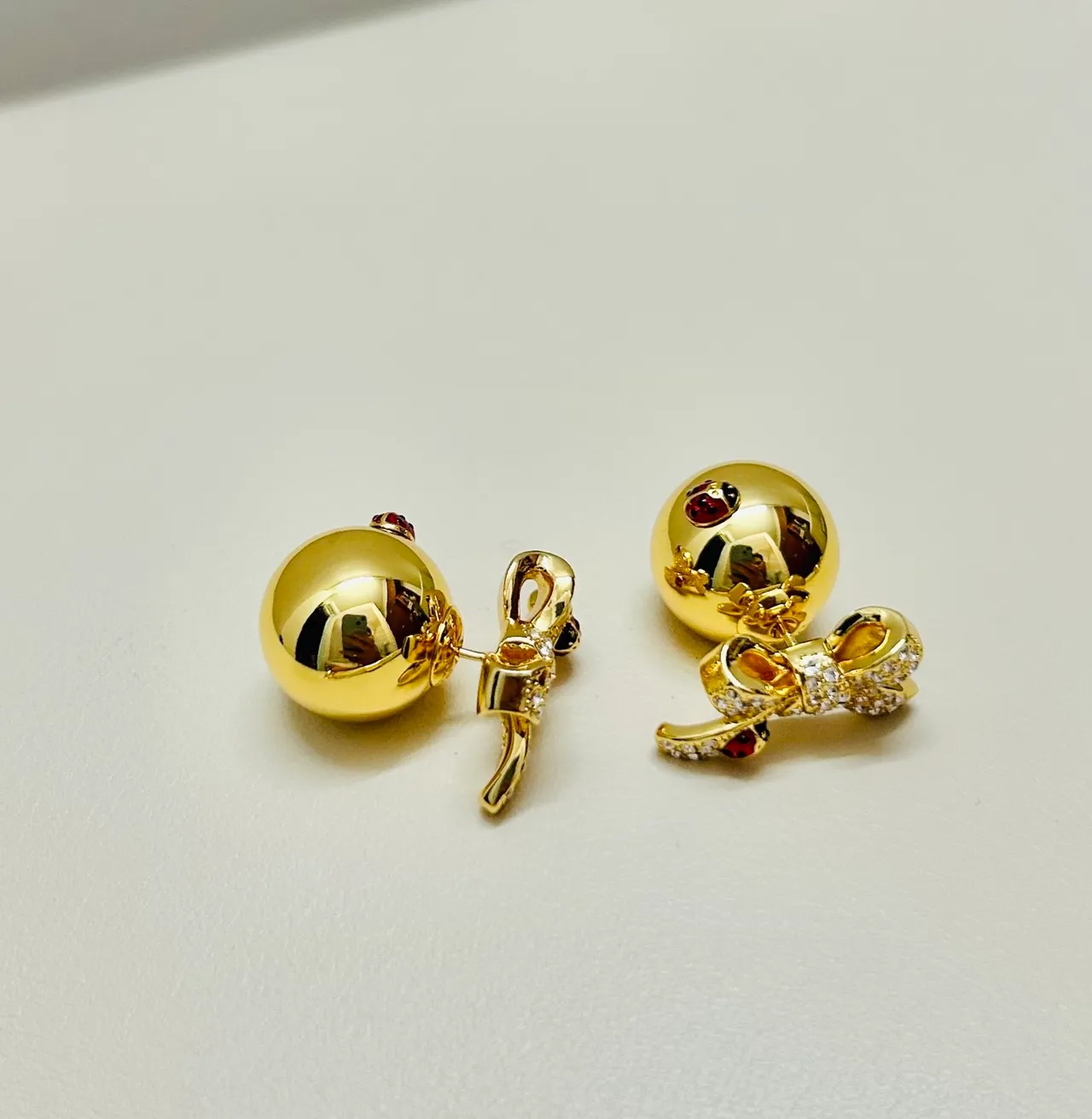 Gold Red Spherical Studs Crystal-Encrusted Bows Earrings 7