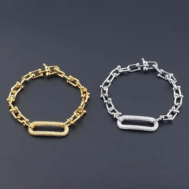 Gold Silver Chain Link Pavé Rectangular Centerpiece Bracelet 4
