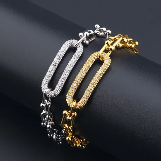 Gold Silver Chain Link Pavé Rectangular Centerpiece Bracelet 5
