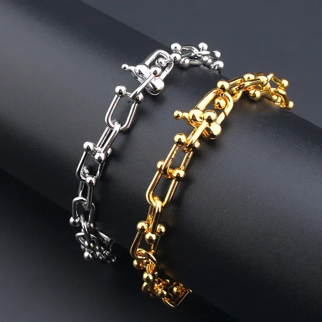 Gold Silver Chain Link Pavé Rectangular Centerpiece Bracelet 6