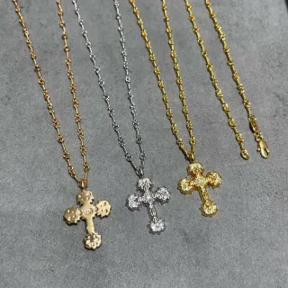 Gold Silver Cross-Shaped Pendant Faceted Crystal Embellishment Necklace