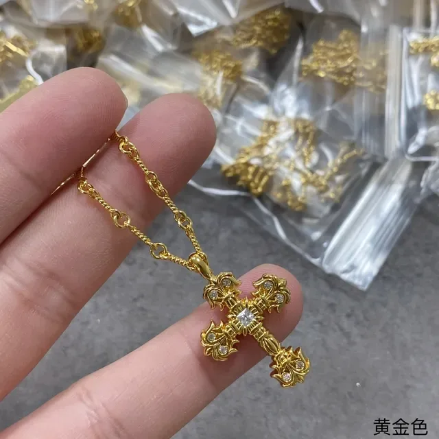 Gold Silver Cross-Shaped Pendant Faceted Crystal Embellishment Necklace 4