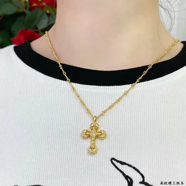 Gold Silver Cross-Shaped Pendant Faceted Crystal Embellishment Necklace 12
