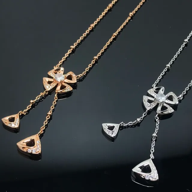 Gold Silver Floral Pendant Dangling Triangular Drops Necklace 9