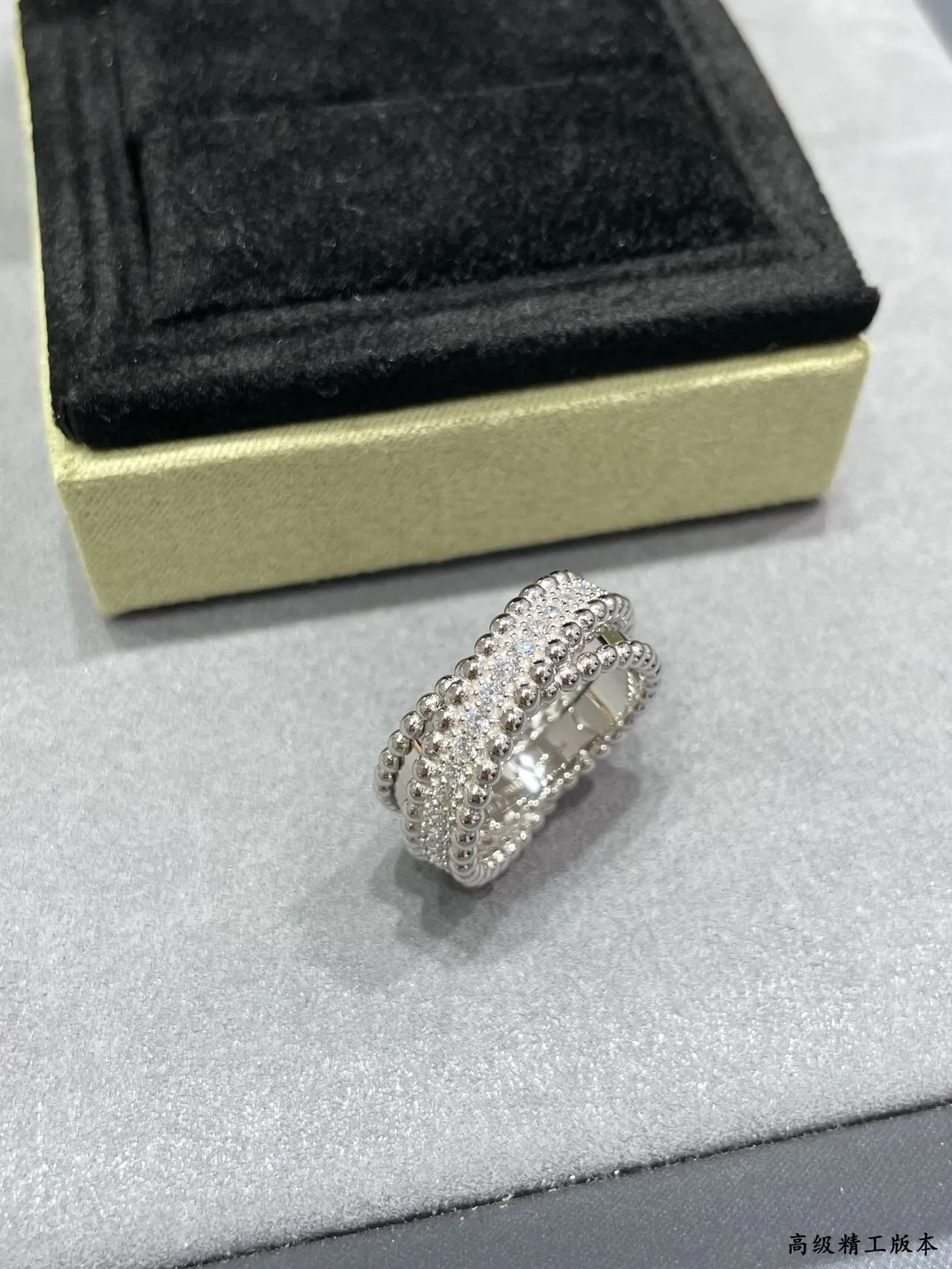 Gold Silver Multi-Row Beaded Band Pavé-Set Stones Ring 7