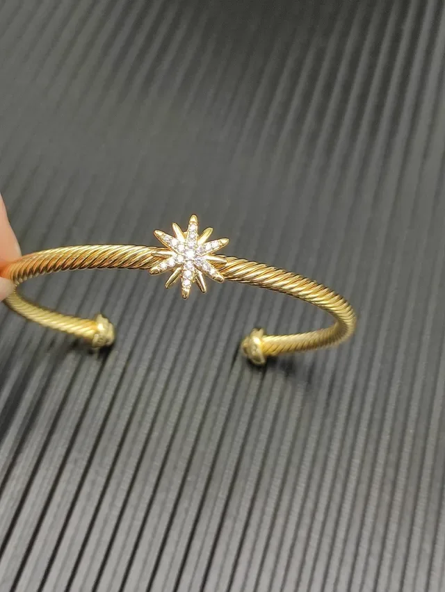 Gold Silver Twisted Rope Band Pavé-Set Starburst Charm Bracelet 7