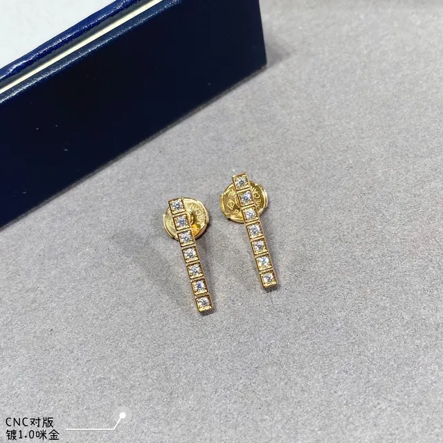 Brincos de ouro e prata com barra vertical pavé-set de pedras quadradas 2
