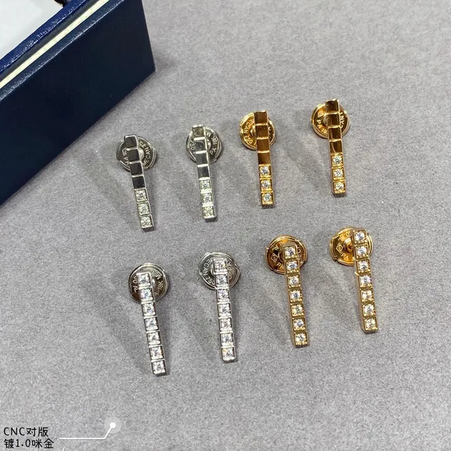 Brincos de ouro e prata com barra vertical pavé-set de pedras quadradas 6