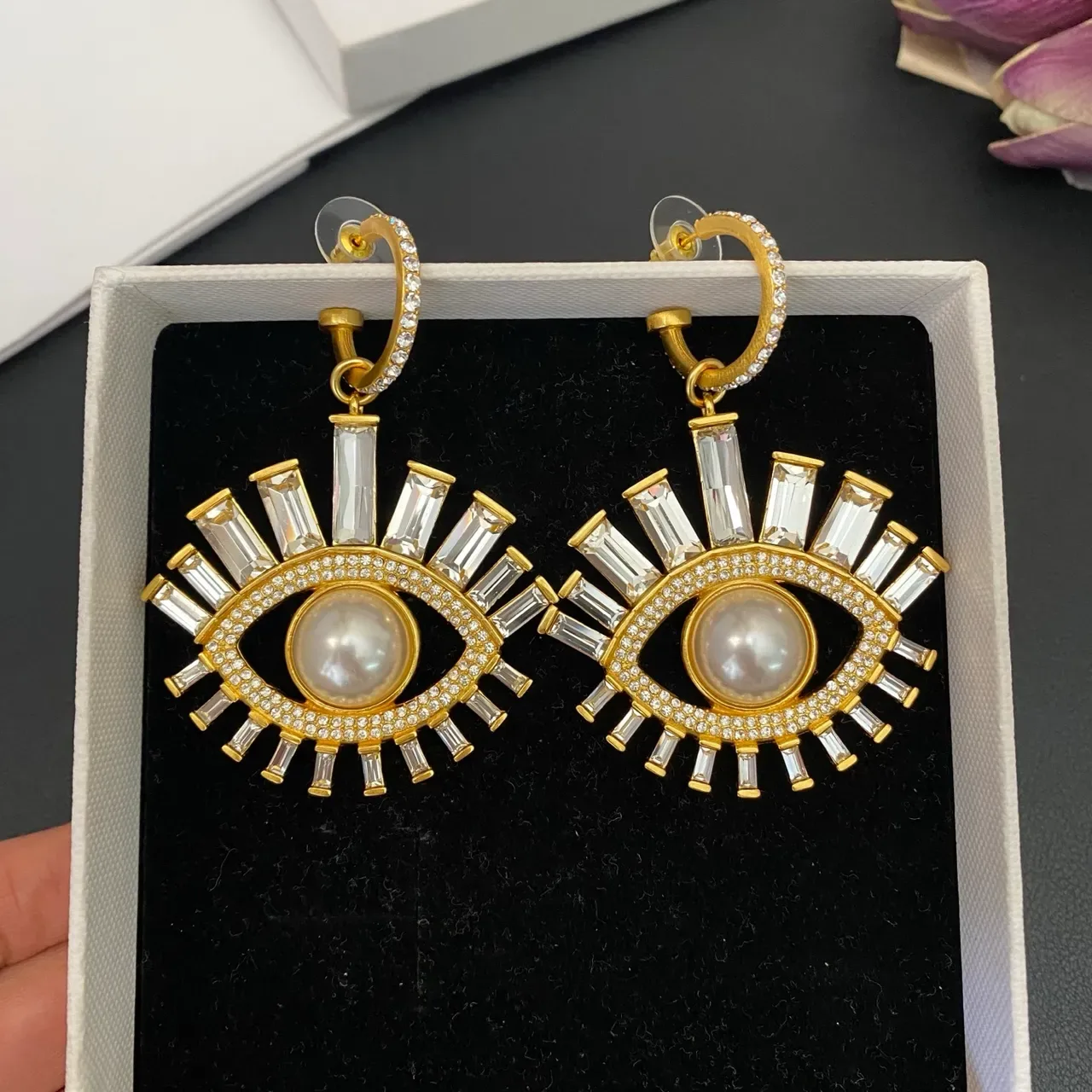 Gold-Tone Eye Motif Pearl and Baguette Crystal Drop Earrings 3