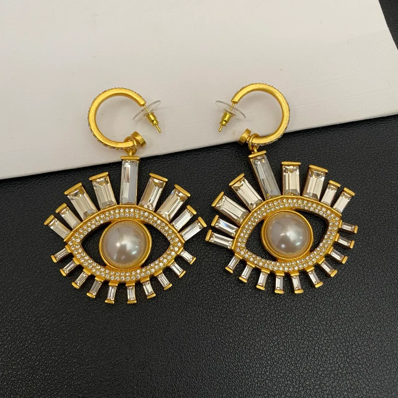 Gold-Tone Eye Motif Pearl and Baguette Crystal Drop Earrings 4