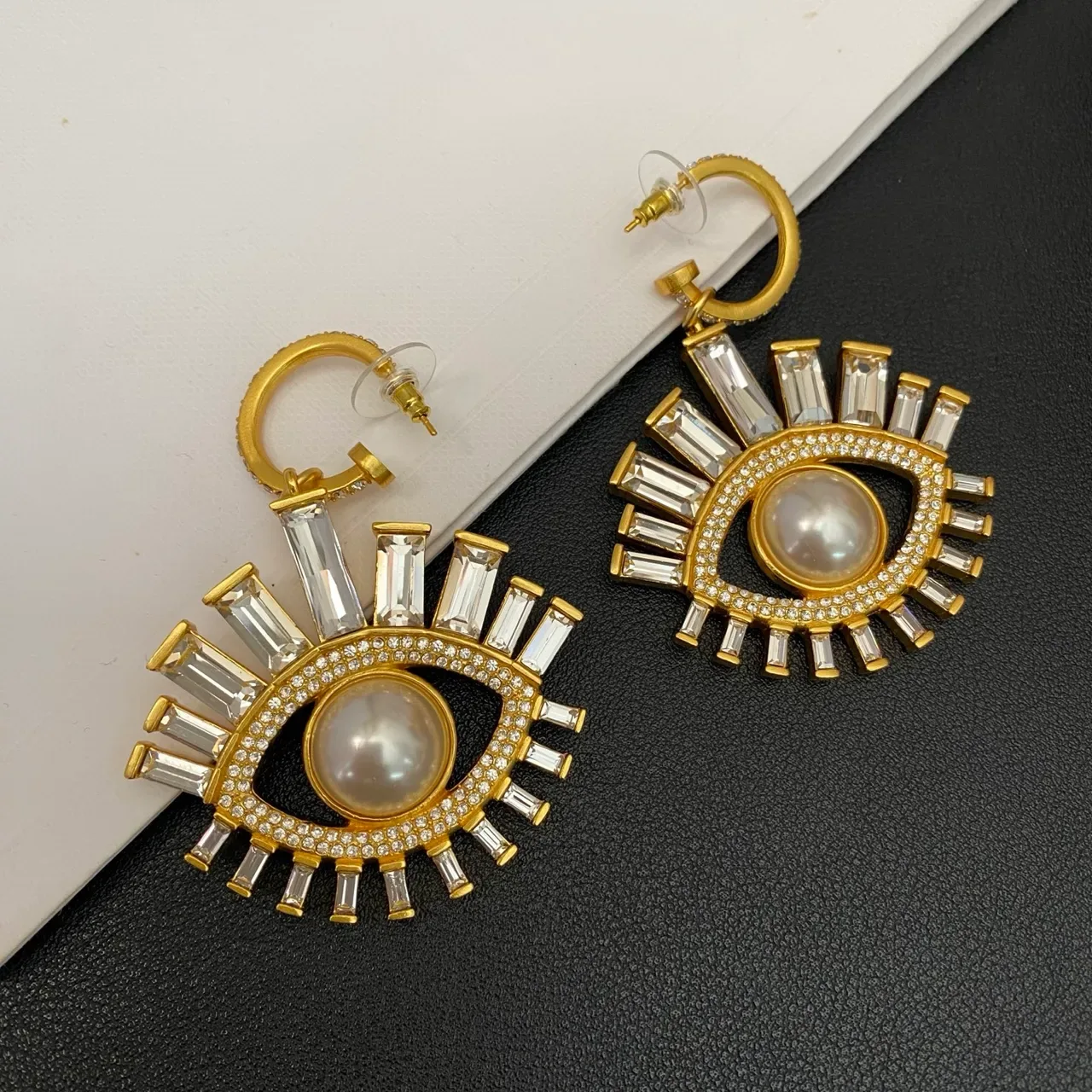 Gold-Tone Eye Motif Pearl and Baguette Crystal Drop Earrings 5