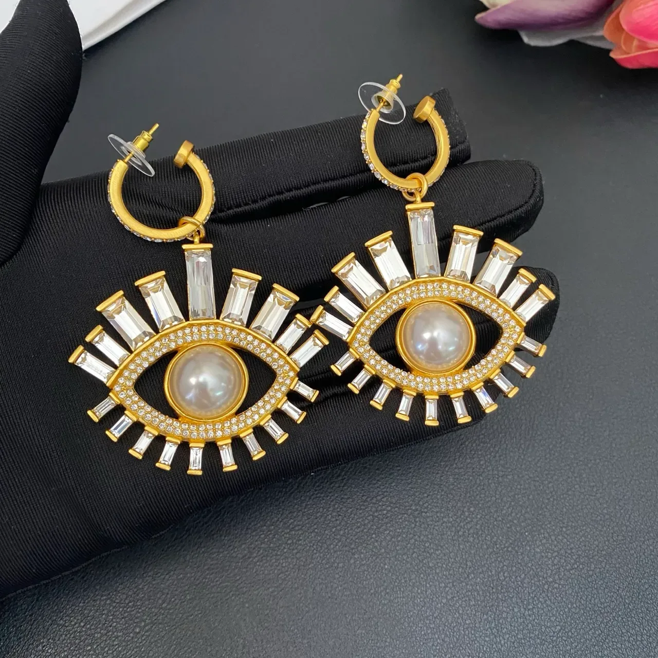 Gold-Tone Eye Motif Pearl and Baguette Crystal Drop Earrings 6