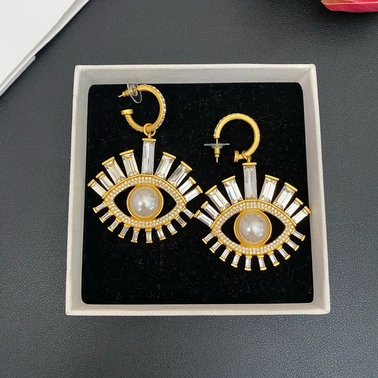 Gold-Tone Eye Motif Pearl and Baguette Crystal Drop Earrings 7