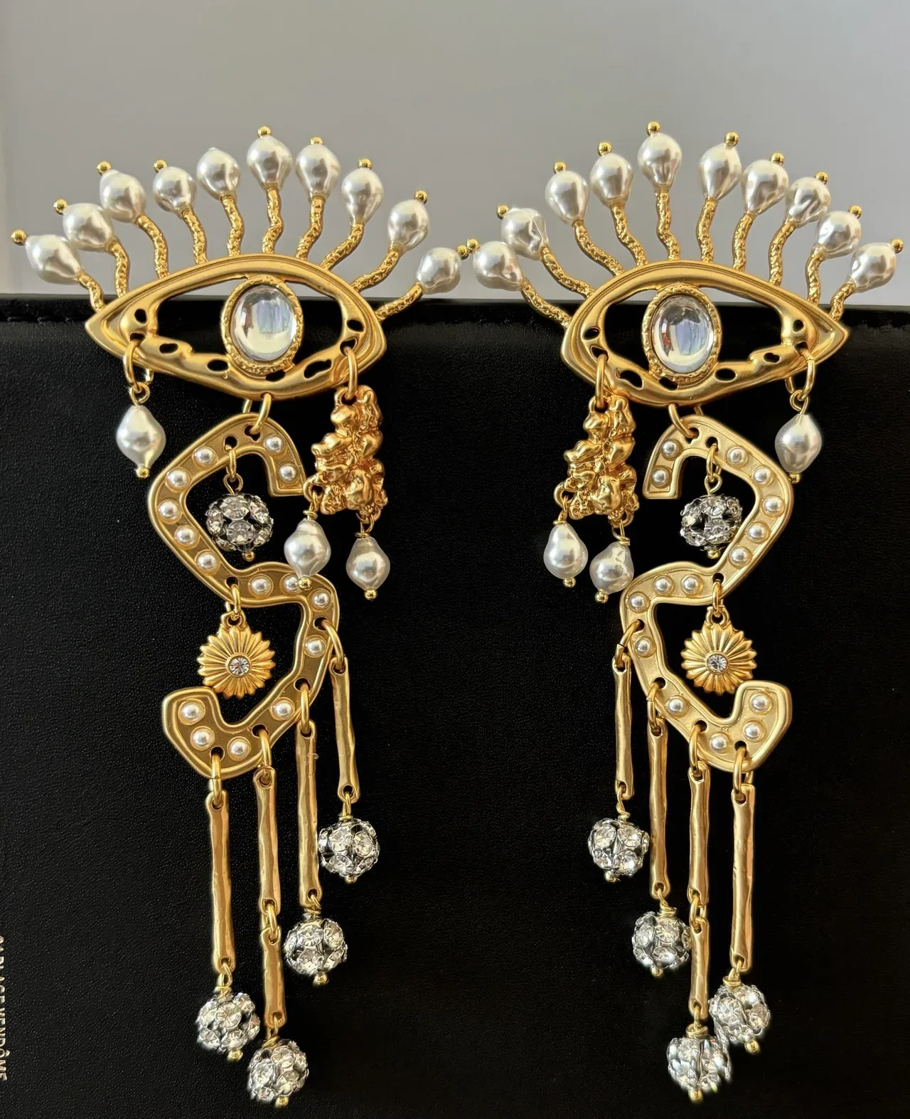 Gold-Tone Eye Motif Pearl and Crystal Dangling Earrings 2