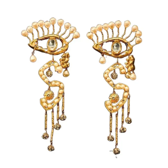 Gold-Tone Eye Motif Pearl and Crystal Dangling Earrings 3