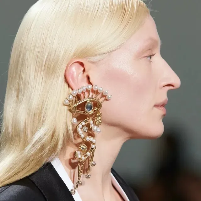 Gold-Tone Eye Motif Pearl and Crystal Dangling Earrings 4