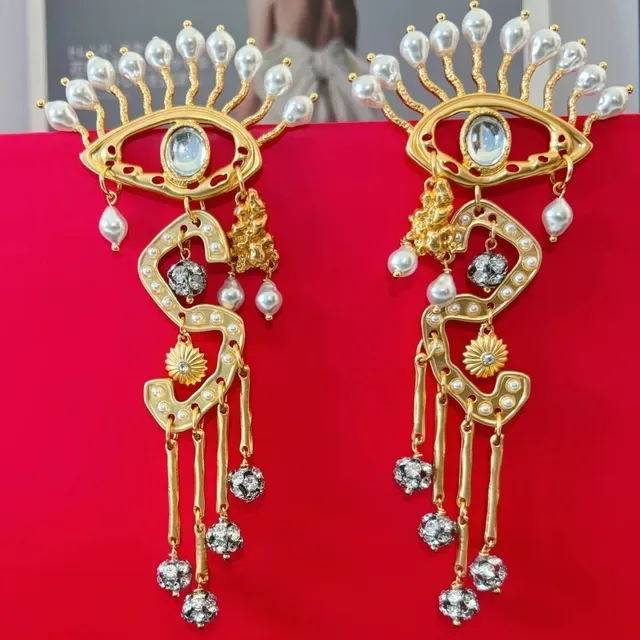 Gold-Tone Eye Motif Pearl and Crystal Dangling Earrings 5