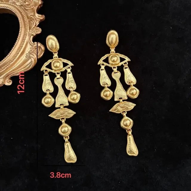 Gold-Tone Figurative Eye and Lip Chandelier Earrings 5