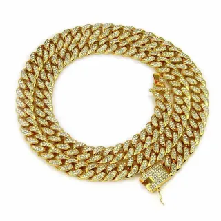 Collier Chaîne Curb Link Épaisse Pavée Complètement en Ton Doré
