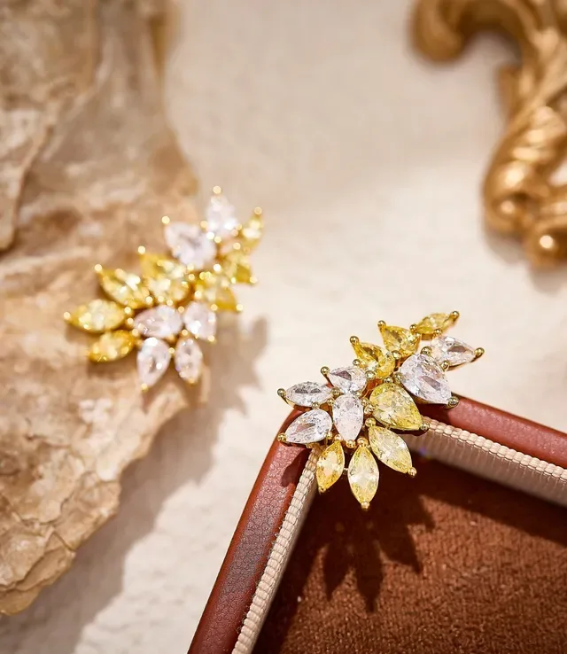 Gold-Tone Leaf Cluster Marquise-Cut Stone Stud Earrings 4