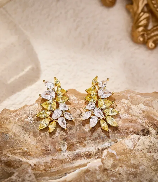 Gold-Tone Leaf Cluster Marquise-Cut Stone Stud Earrings 6