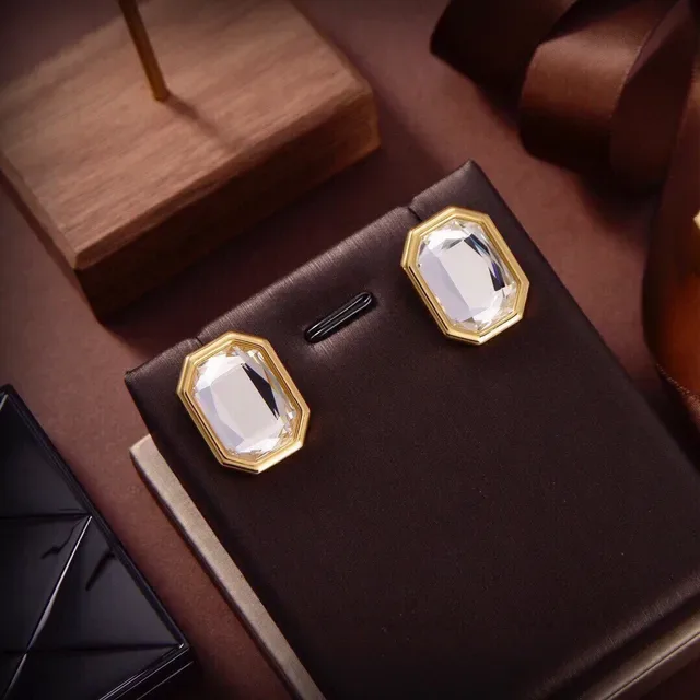 Gold-Tone Octagonal Faceted Clear Stone Stud Earrings 2