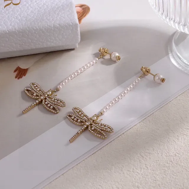 Gold-Tone Pearl Strand Crystal Dragonfly Dangling Earrings 4