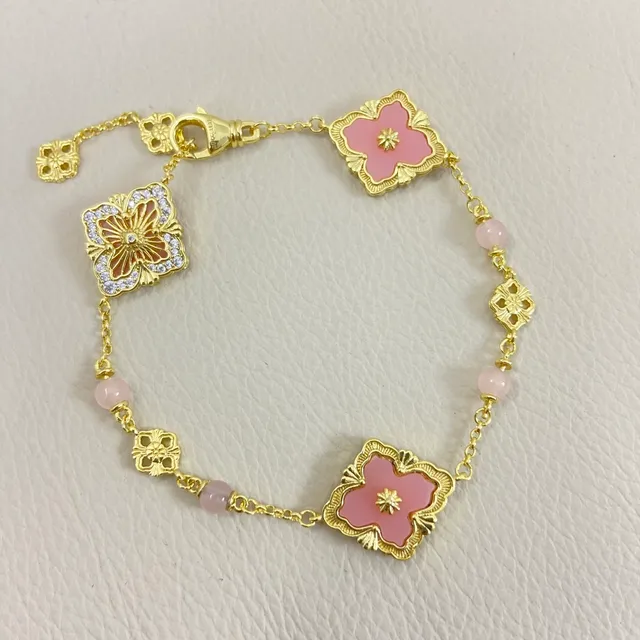 Gold-Tone Pink Enamel Floral Chain Bracelet 4