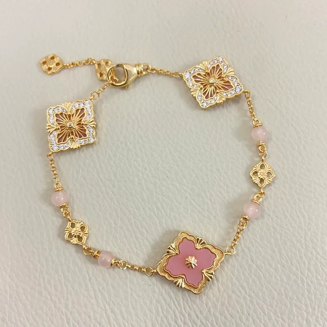 Gold-Tone Pink Enamel Floral Chain Bracelet 5
