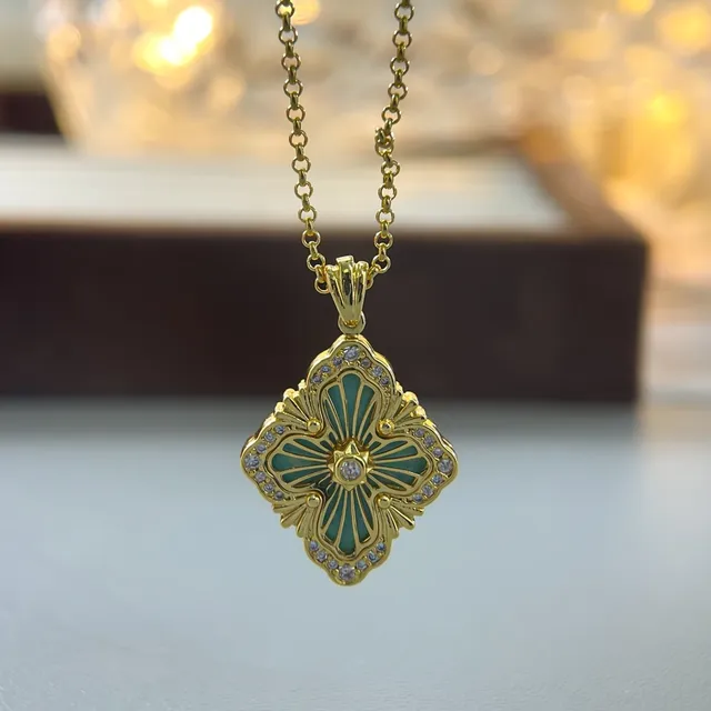 Gold-Tone Square Floral Enamel Pendant Necklaces 6