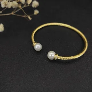Gold-Toned Twisted Cable Pearl-Ended Open Cuff Bracelet
