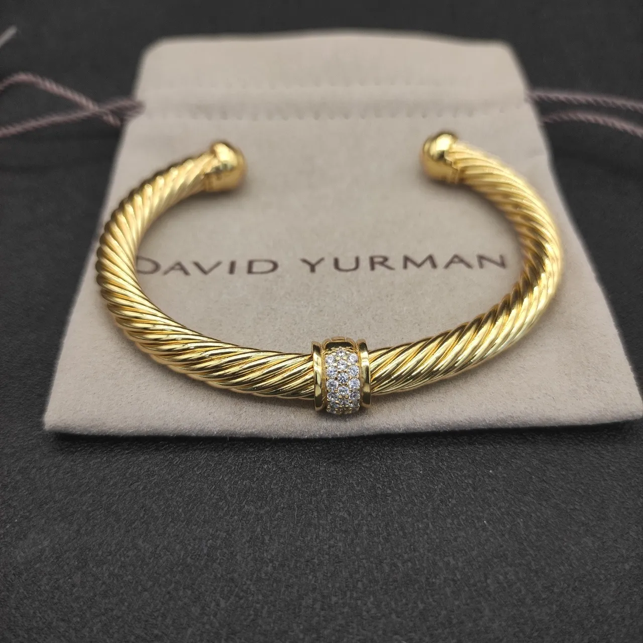 Gold Twisted Cable Pavé Stone Open Cuff Bracelet 4