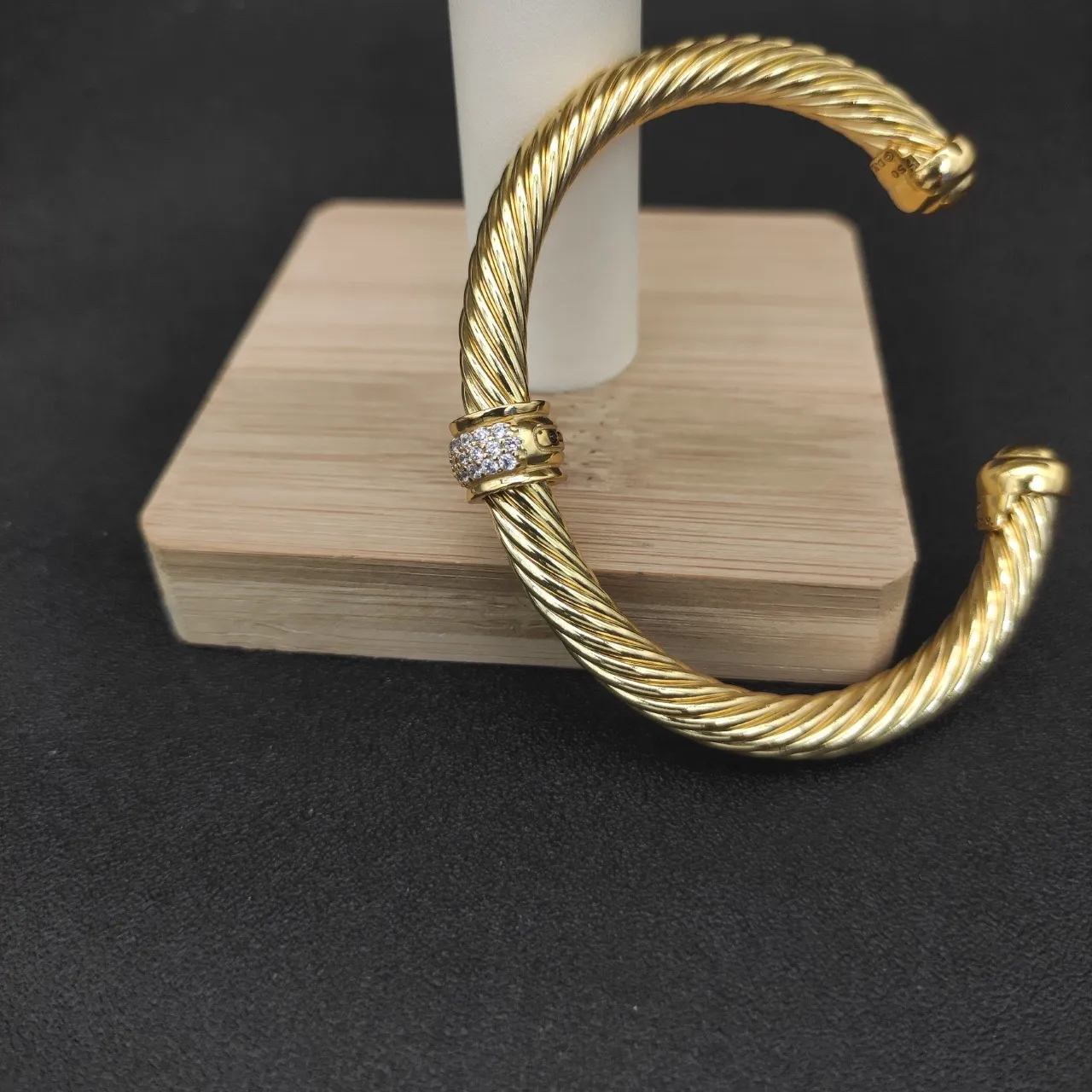 Gold Twisted Cable Pavé Stone Open Cuff Bracelet 5
