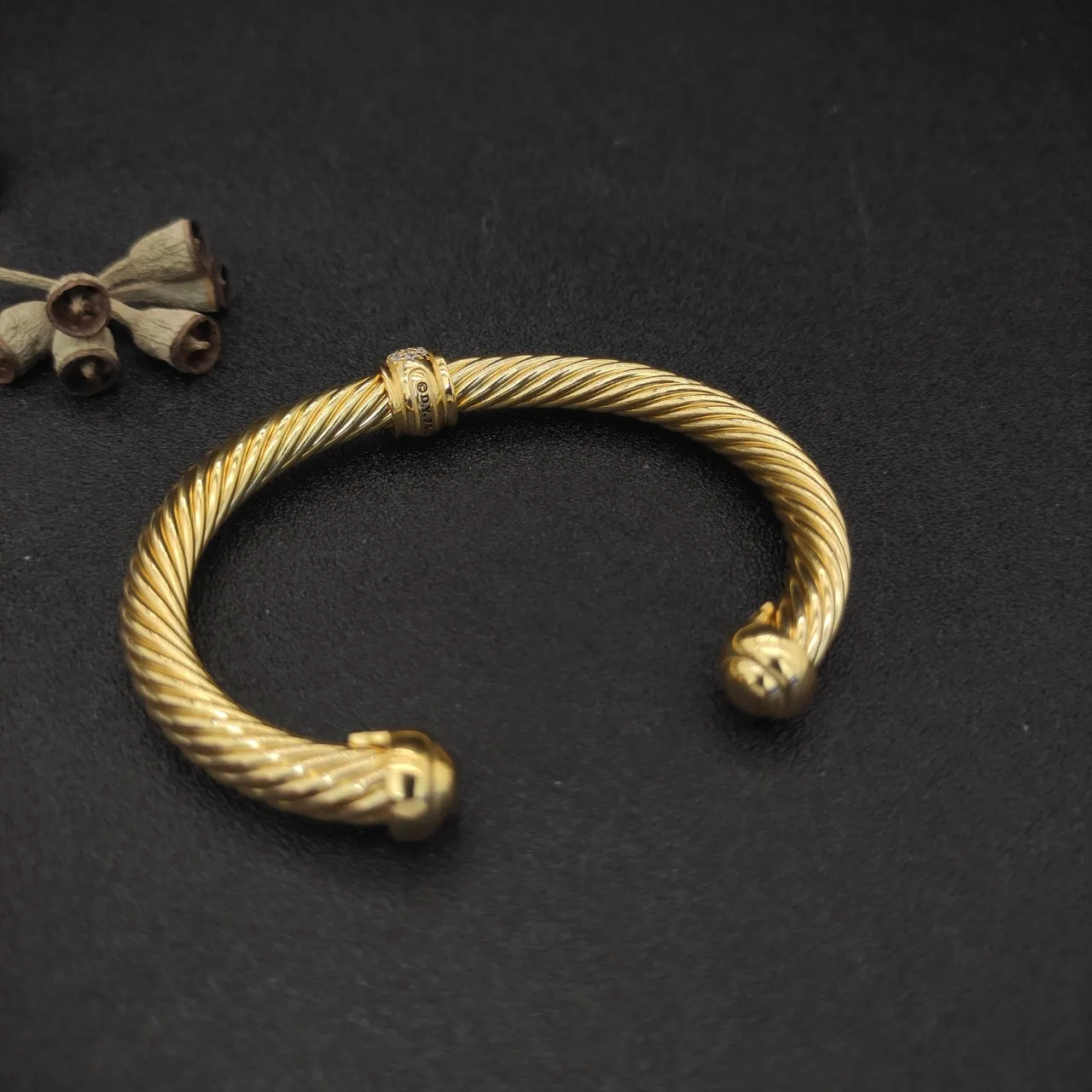 Gold Twisted Cable Pavé Stone Open Cuff Bracelet 7