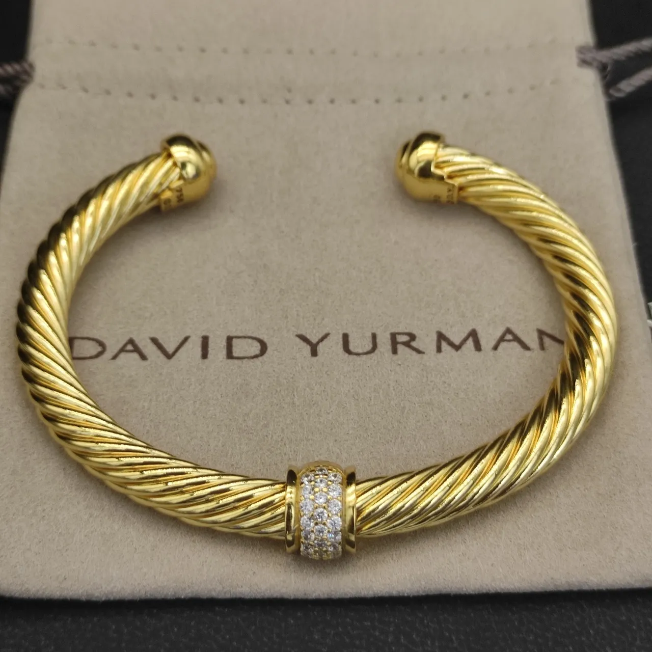 Gold Twisted Cable Pavé Stone Open Cuff Bracelet 9