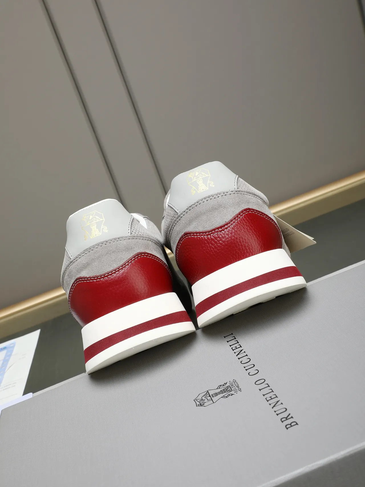 Gray and Red Perforated Suede Retro Runner Lifestyle Sneakers 3