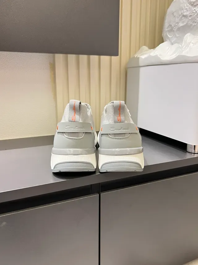 Gray Orange Knit Upper Laceless Integrated Strap Sneakers 2