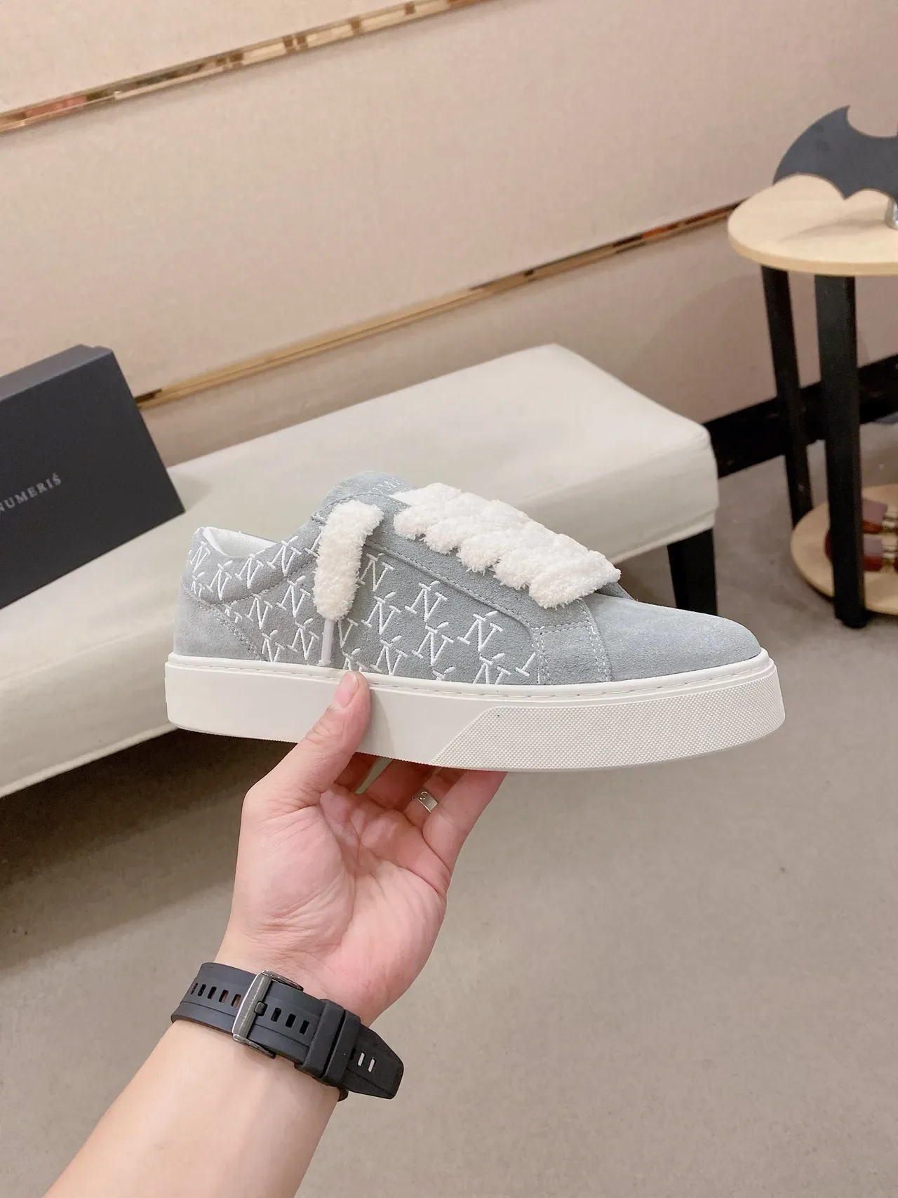 Gray White Suede Upper Monogram Embroidery Sneakers 5